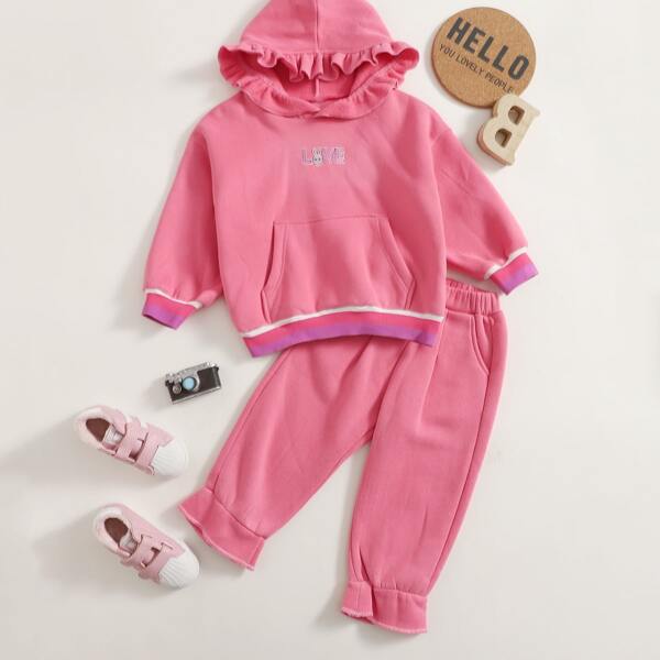 

Toddler Girls Ruffle Trimed Letter & Rabbit Embroidered Hoodie & Pants, Pink