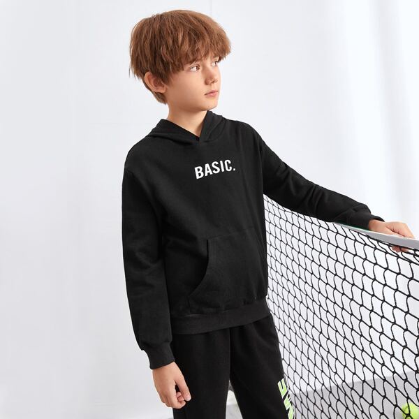

Boys Letter Graphic Pouch Pocket Hoodie, Black