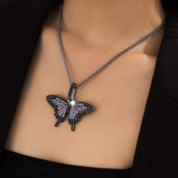 

Rhinestone Butterfly Charm Necklace, Purple