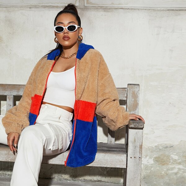 

Drop Shoulder Colorblock Teddy Zipper Up Hooded Coat, Multicolor