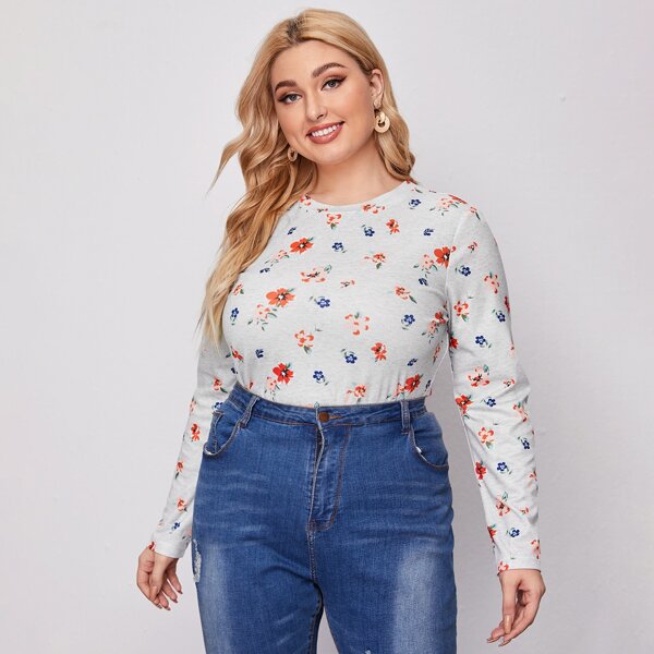 

Plus Floral Print Rib-knit Tee, Light grey