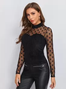 SHEIN Privé Mock Neck Dobby Mesh Rib-knit Velvet Tee - Black - View 3