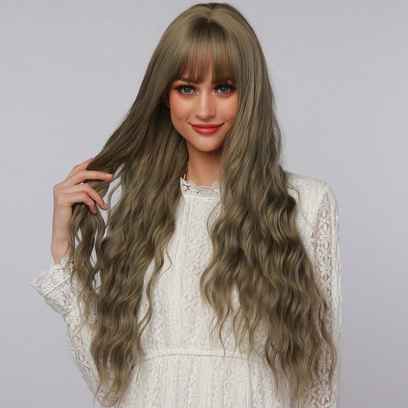 

Long Curly Wig With Bangs, Army green