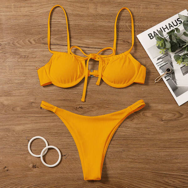 

Rib Tie Front Underwire Bikini Swimsuit, Yellow