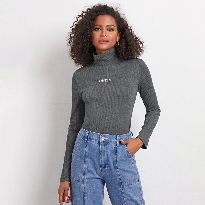 

High Neck Letter Embroidery Tee, Dark grey