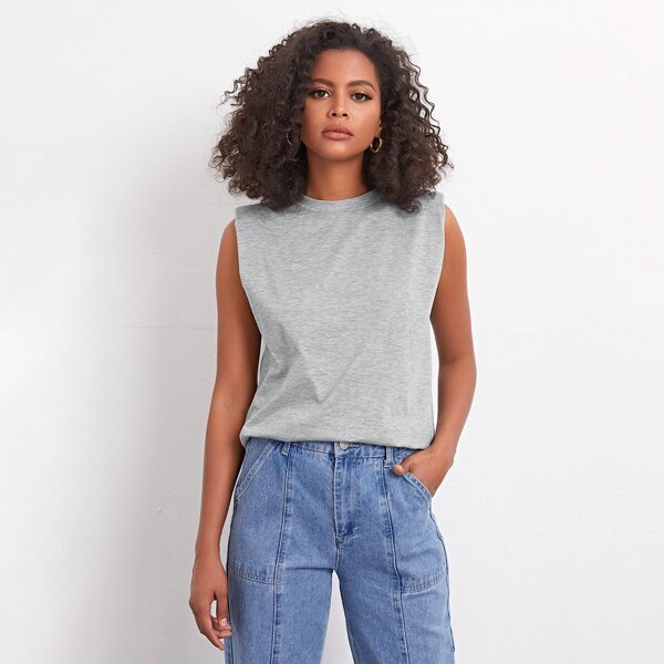 

Shoulder Pad Solid Tank Top, Light grey