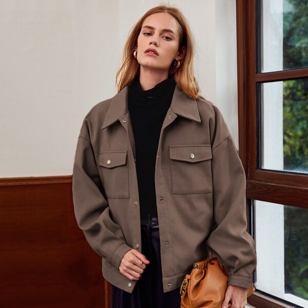 

Button Front Patch Pocket Solid Jacket, Coffee brown