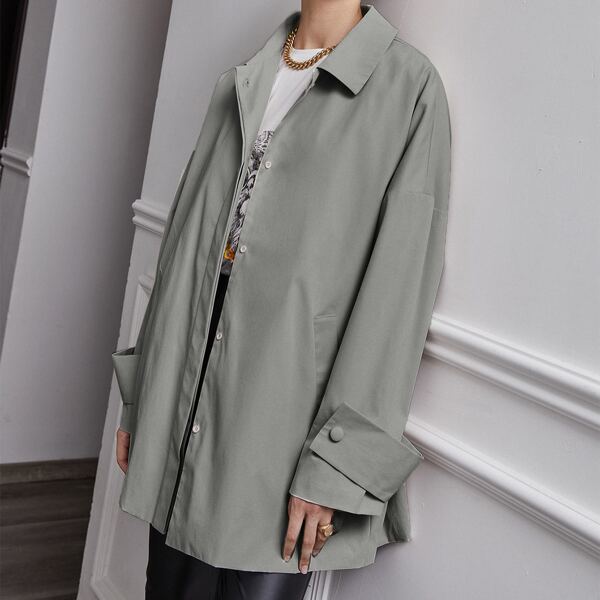 

Drop Shoulder Button Front Oversized Coat, Grey