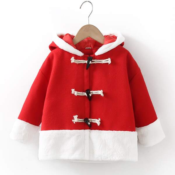 

Toddler Girls Two Tone Spliced Flannel Horn Buckle Overcoat, Red