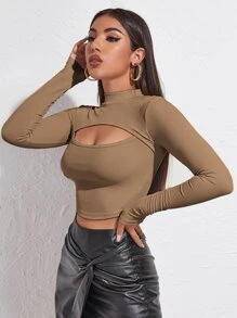 Chiquease Áo thun dài tay nữ có đường cắt xẻ - Màu nâu  Mocha - Xem 4