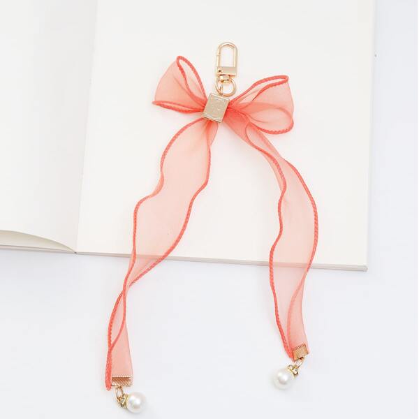

Faux Pearl Decor Bow Charm Keychain, Orange