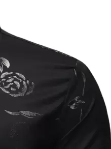 Manfinity Camisa de puño con botón de hombres con estampado de rosa al azar - Negro - Ver 3