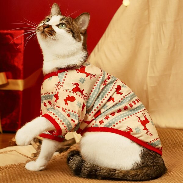 

Christmas Deer Pattern Cat Tee, Multicolor