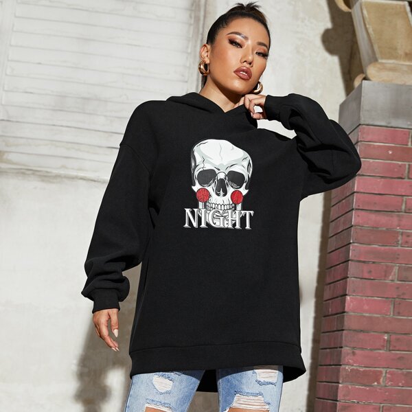 

Drop Shoulder Skull & Letter Print Hoodie, Black