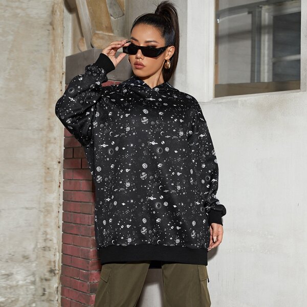 

Drop Shoulder Galaxy Print Hoodie, Black