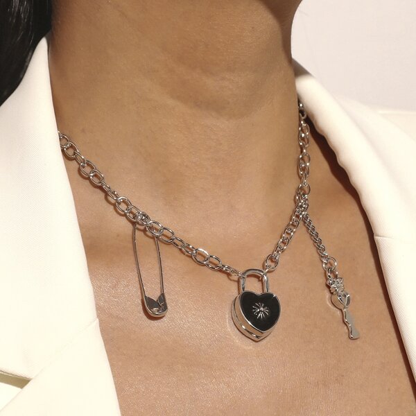 

Safety Pin & Lock Charm Necklace, Silver