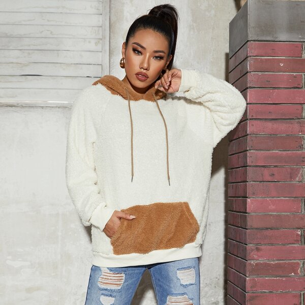 

Drop Shoulder Patch Pocket Colorblock Teddy Drawstring Hoodie, Beige