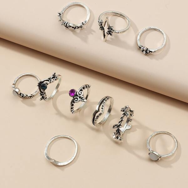 

10pcs Rhinestone Decor Ring, Antique silver