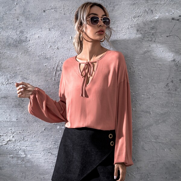 

Solid Tie Neck Bishop Sleeve Blouse, Rusty rose