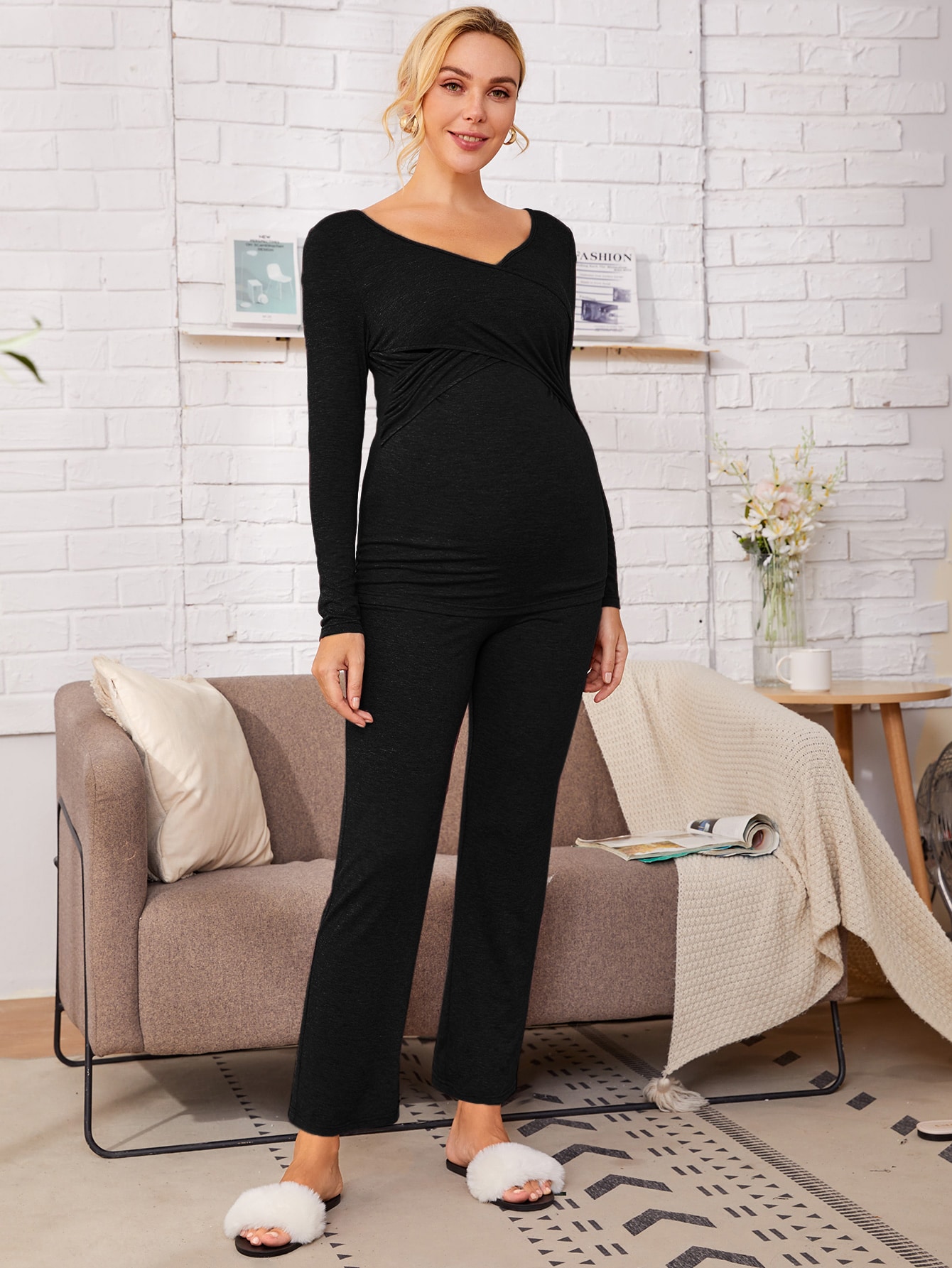 Maternity Cross Wrap Front Nursing Tee and Pants PJ Set thumbnail