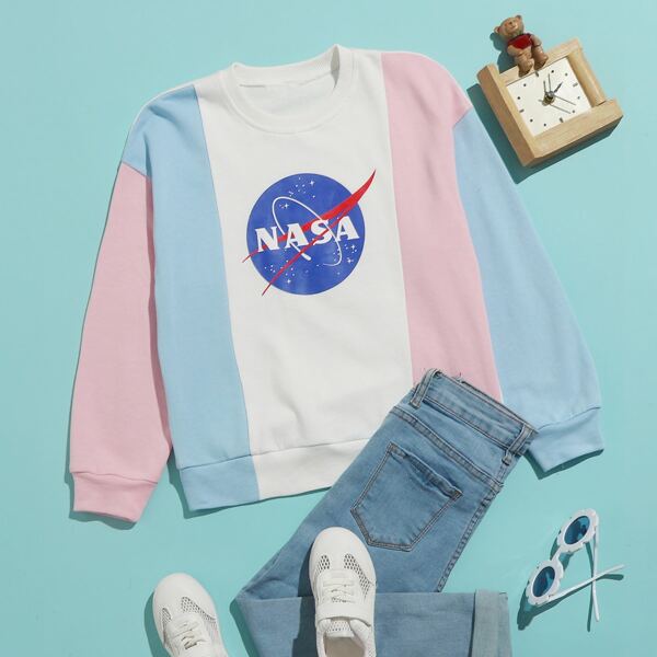 

Girls Graphic Print Colorblock Pullover, Multicolor