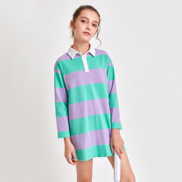 

Girls Two Tone Contrast Half Placket Tee Dress, Multicolor
