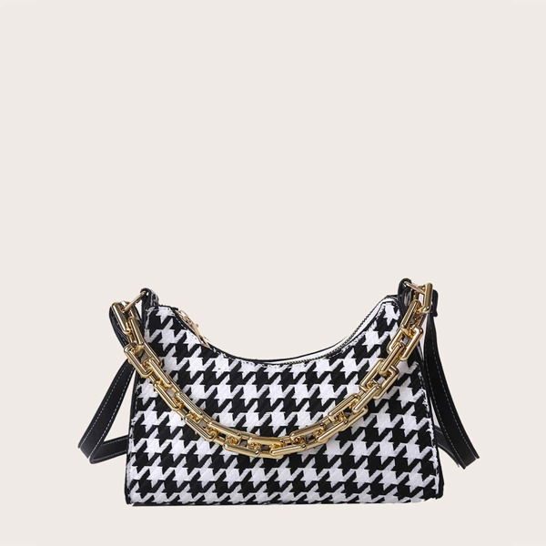 

Girls Houndstooth Pattern Chain Bag, Black and white