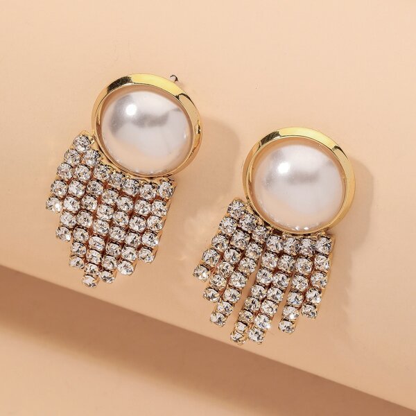 

Faux Pearl Decor Rhinestone Tassel Earrings, Gold