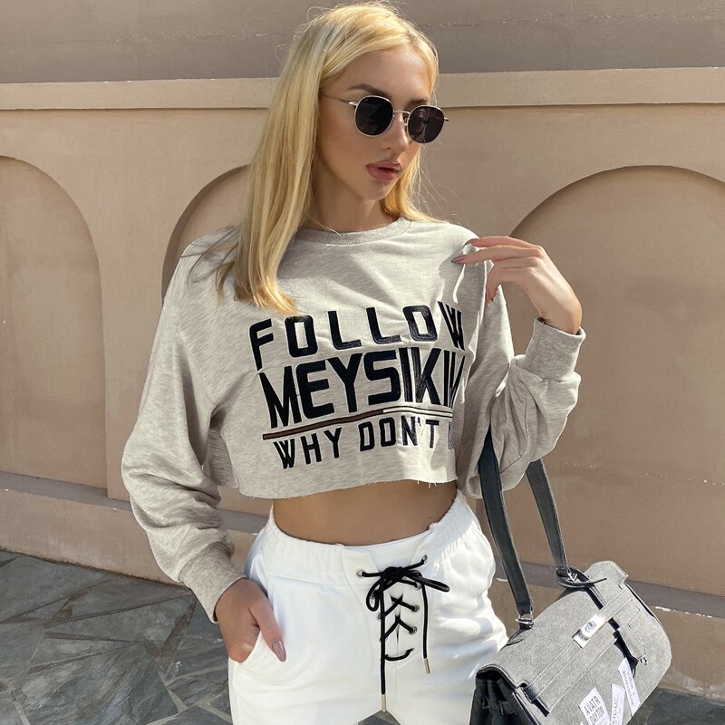 

Drop Shoulder Slogan Graphic Oversized Crop Pullover, Light grey
