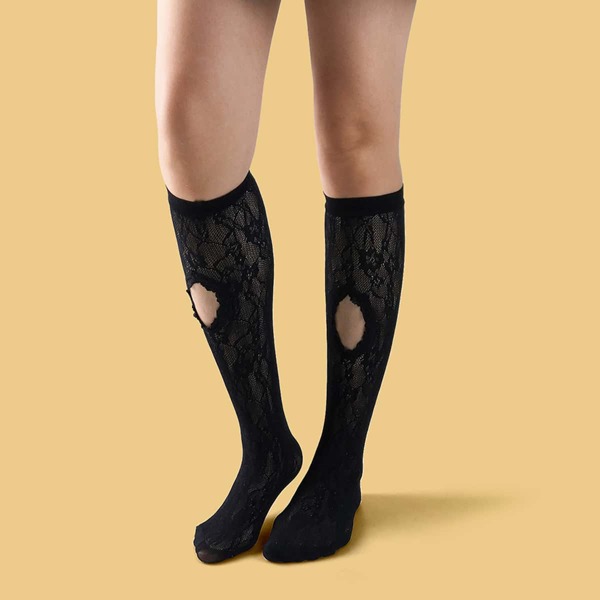 

Contrast Lace Hollow Out Over Calf Socks, Black