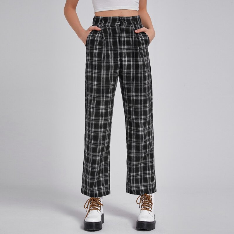 

Plaid Button Fly Pants, Black and white