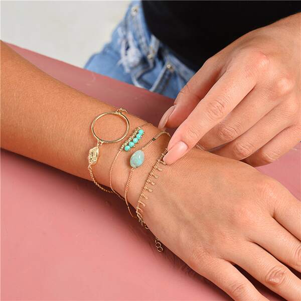 

4pcs Bead & Round Decor Bracelet, Gold