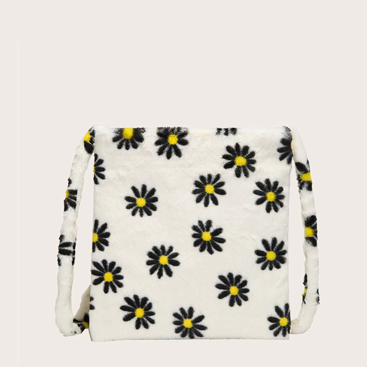 

Floral Graphic Fluffy Crossbody Bag, Beige