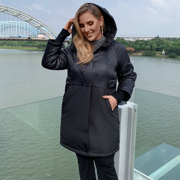 

Astrid Plus Zip Up Raglan Sleeve Quilted Hooded Puffer Coat, Black