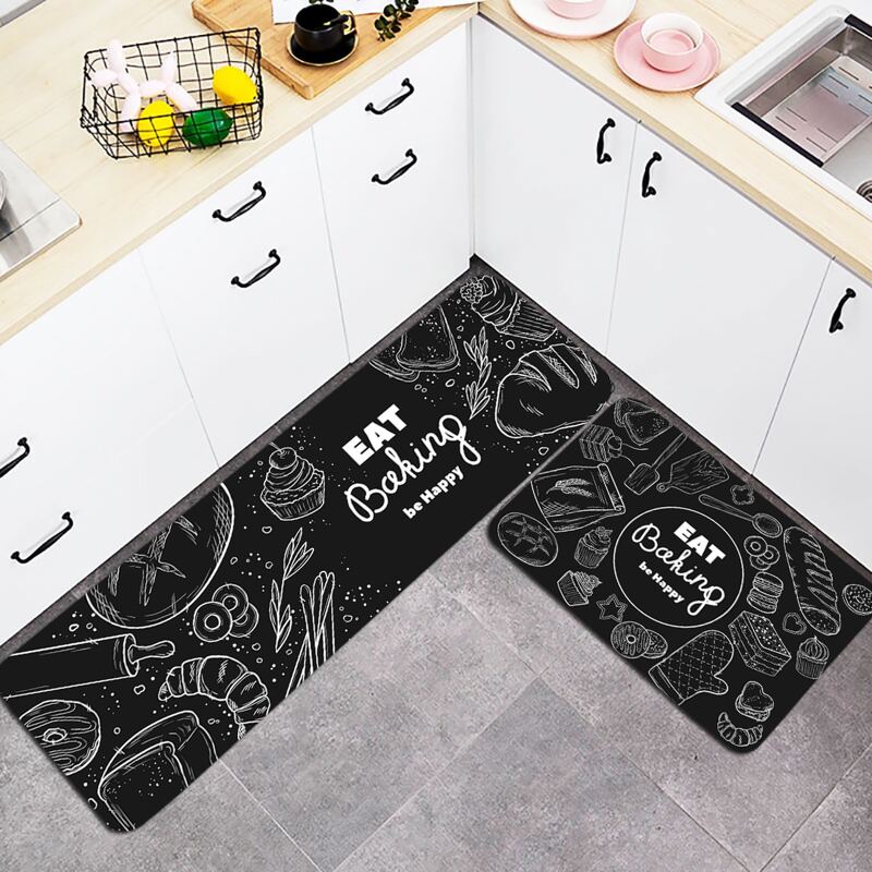 

1pc Food Print Kitchen Carpet, Black and white