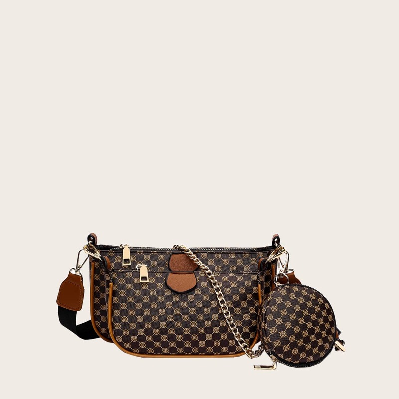 

3pcs Geometric Graphic Baguette Bag Set, Brown