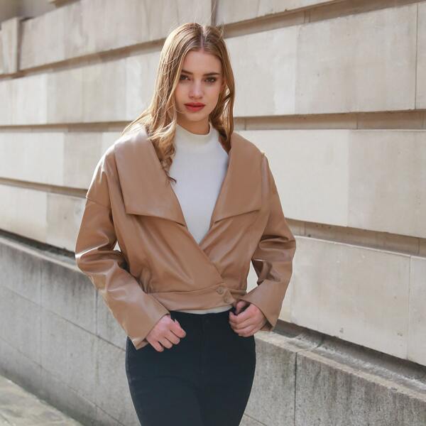 

Drop Shoulder Waterfall PU Jacket, Apricot