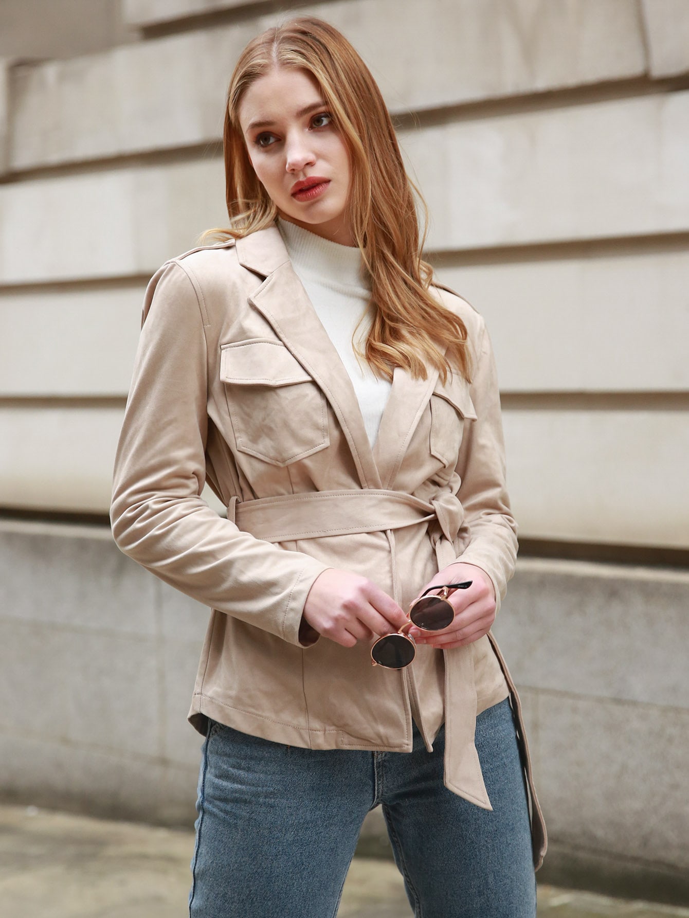 Lapel Collar Flap Pocket Belted Suede Coat thumbnail