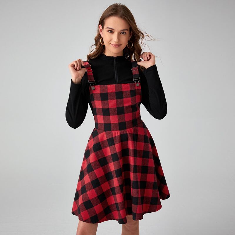 

Gingham Button Pinafore Dress, Red