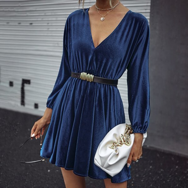 

V-neck Velvet A-line Dress Without Belt, Blue