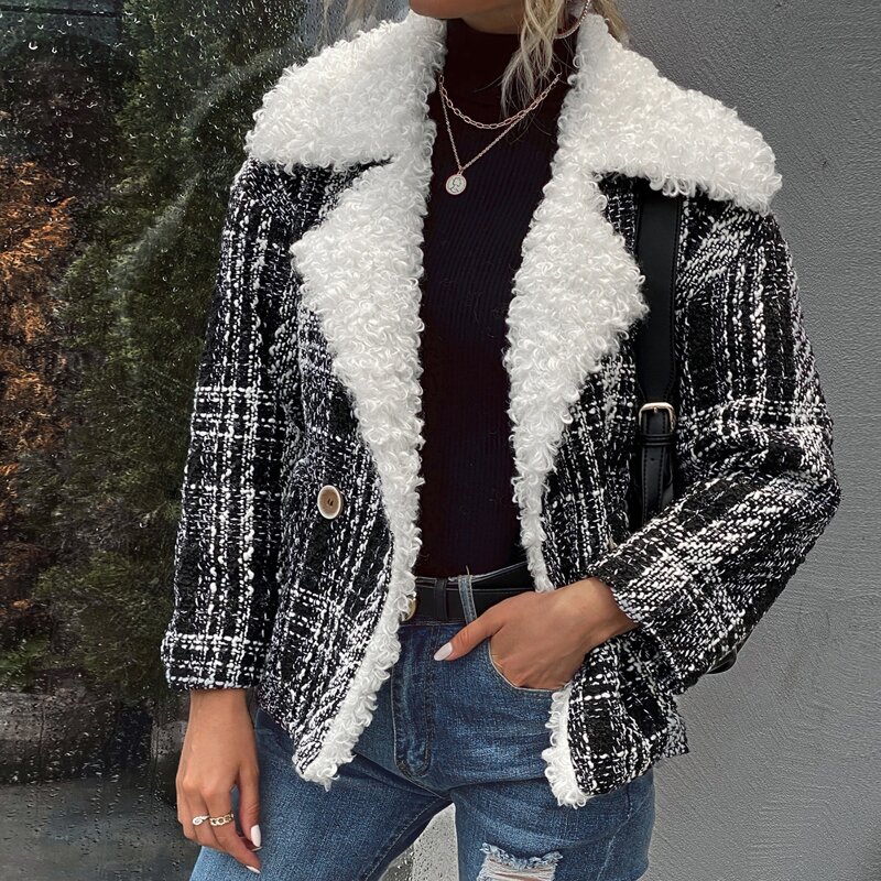 

Teddy Lined Tweed Dual Pocket Coat, Black and white