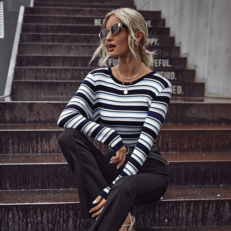 

Striped Pattern Round Neck Sweater, Multicolor