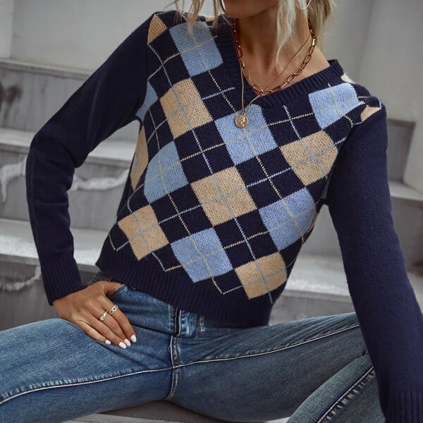 

Argyle Pattern V Neck Sweater, Multicolor