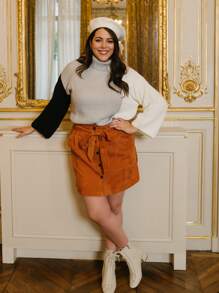 SHEIN Essnce Plus Solid Belted Button Through Corduroy Skirt - Ginger - View 7