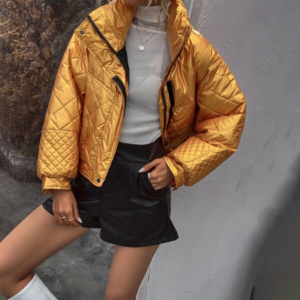 

Zip Up High Neck Metallic Padded Jacket, Gold
