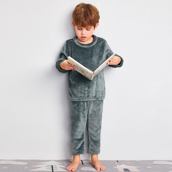 

Toddler Boys Letter Embroidery Flannel PJ Set, Dark grey