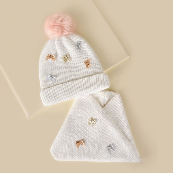 

2pcs Girls Bow Decor Beanie & Scarf, White
