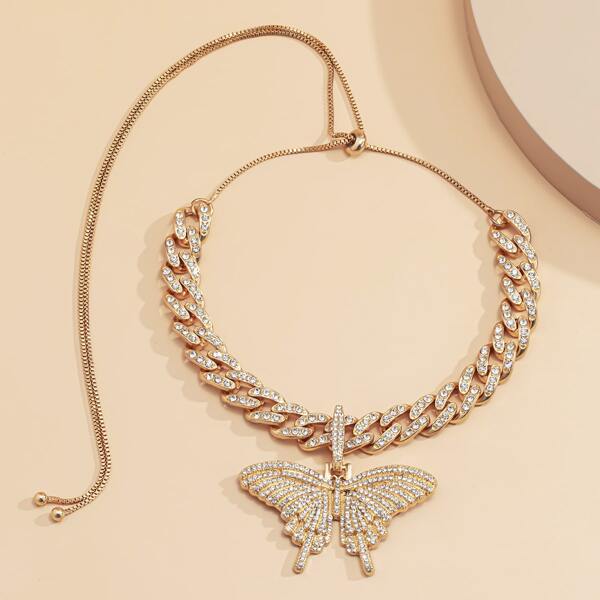 

Rhinestone Decor Butterfly Charm Necklace, Gold