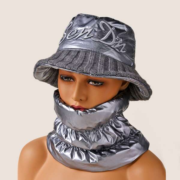 

Letter Embroidery Metallic Bucket Hat & Scarf, Grey