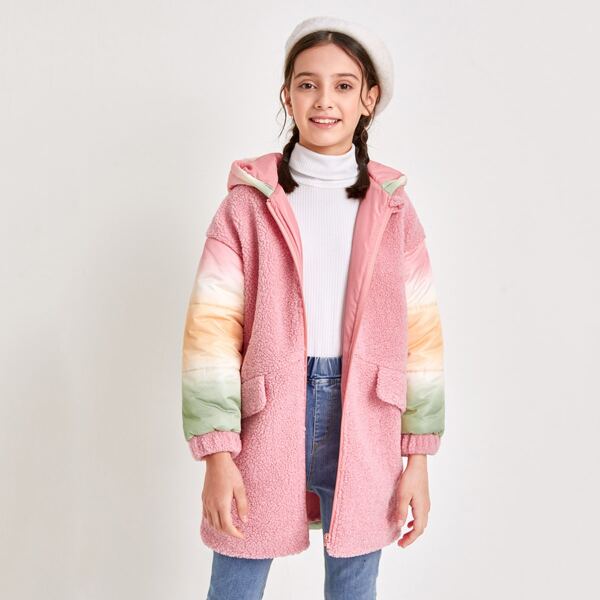 

Girls Zip Up Teddy Panel Colorblock Puffer Hooded Coat, Multicolor